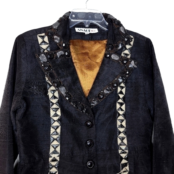 Anage Too vintage women's m black button down embellished sparkly geometric top - Picture 2 of 15